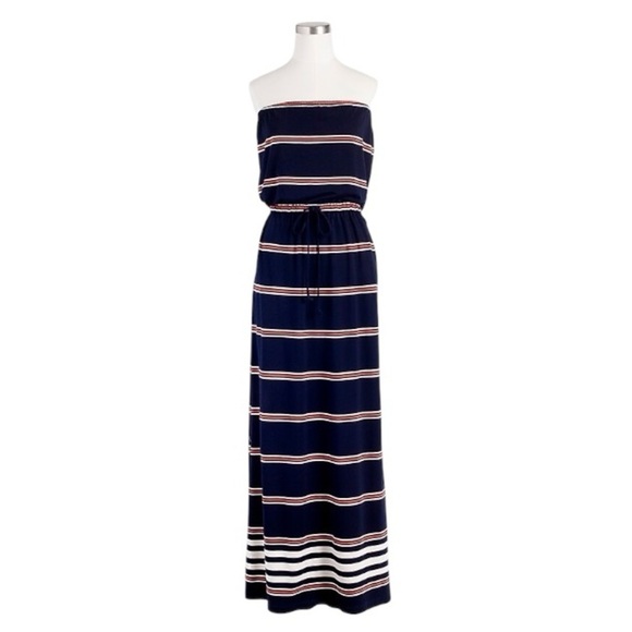 J CREW Navy Striped Strapless Stretch Jersey Summer Maxi Dress Women’s Sz Medium - Picture 9 of 9